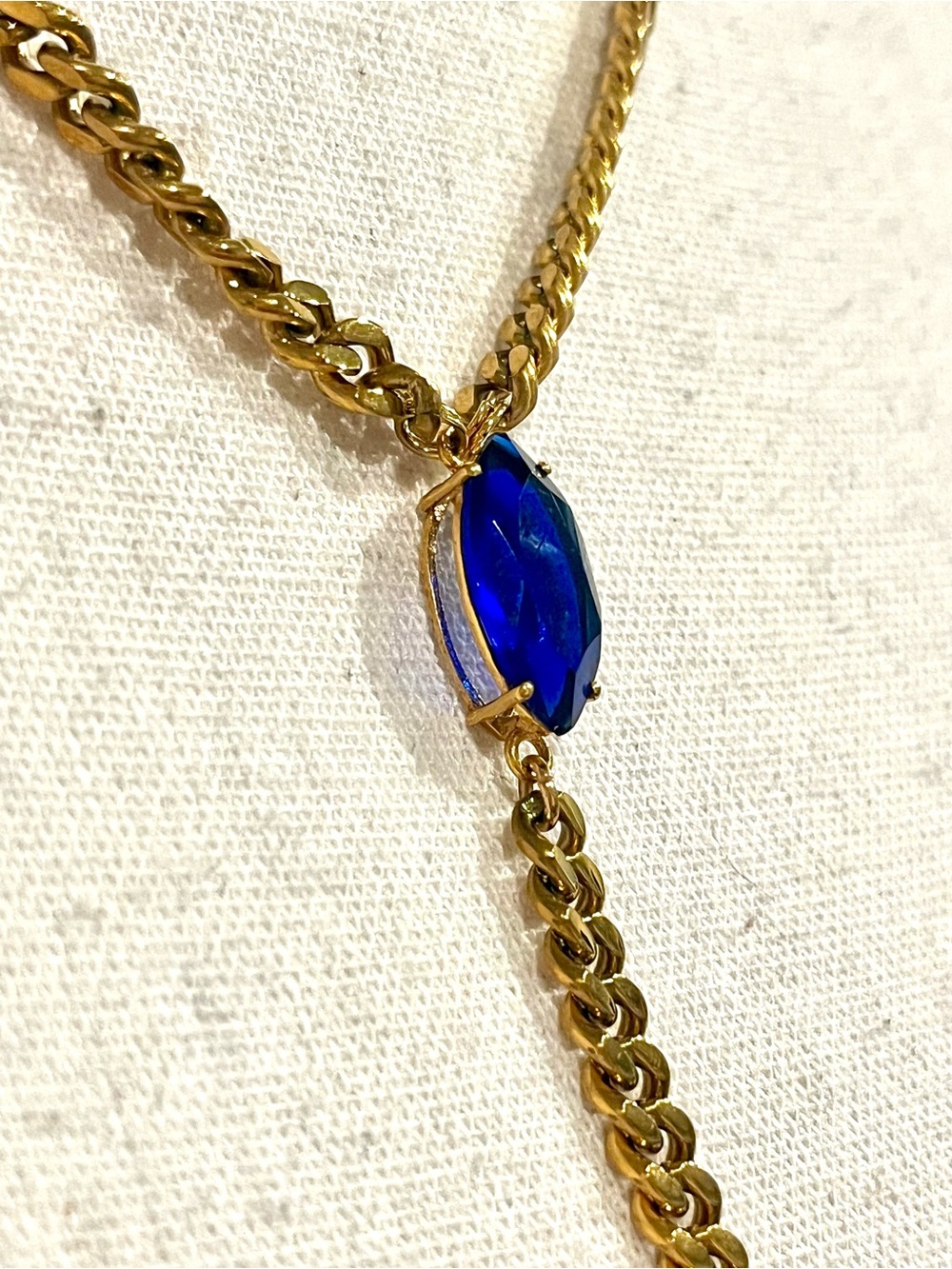 New Gold Chain Lariat Necklace with Blue Marquise Stone